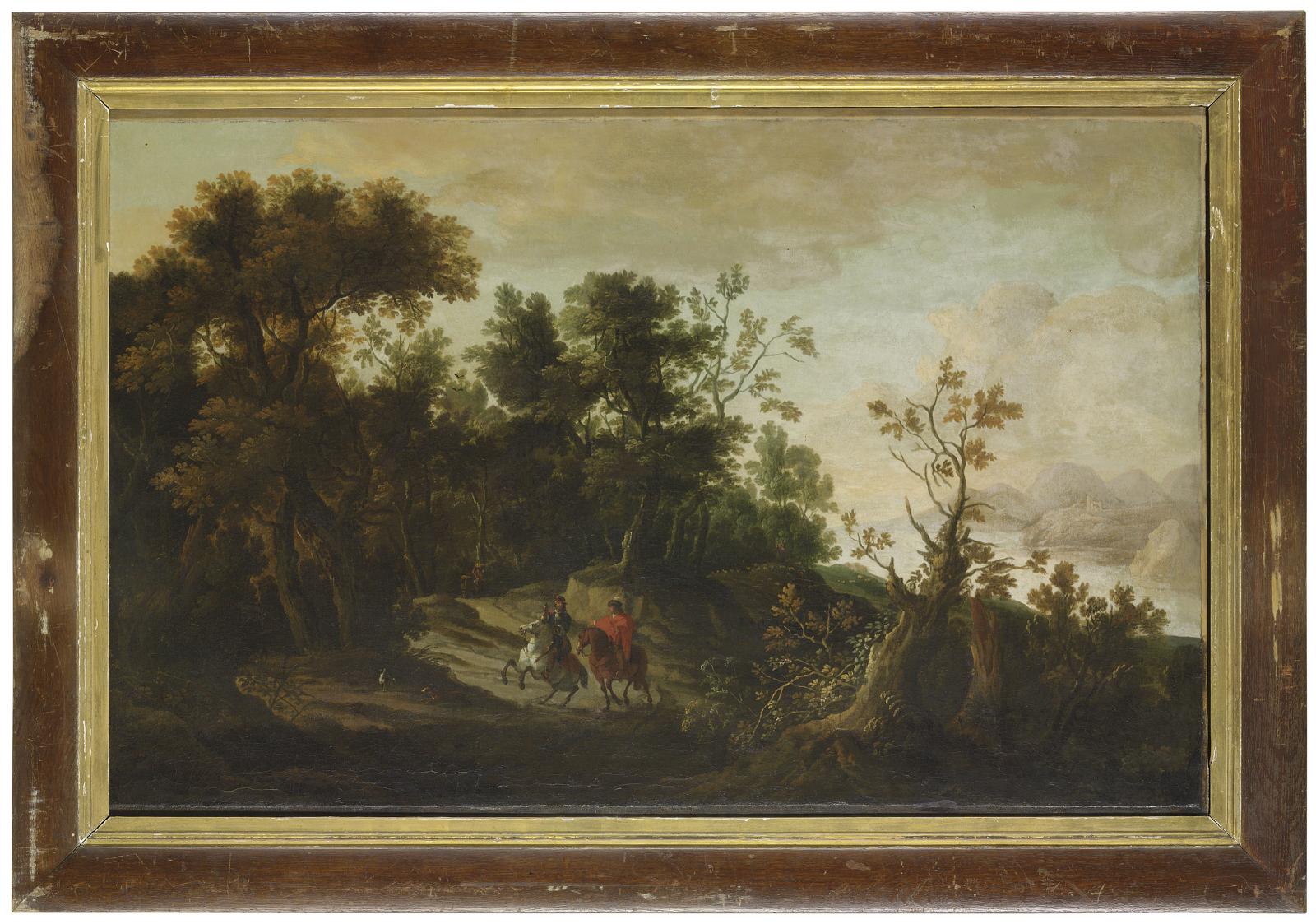 A hawking party in a wooded landscape, with a river, mountains and a ruin beyond by Circle of Jan Wy