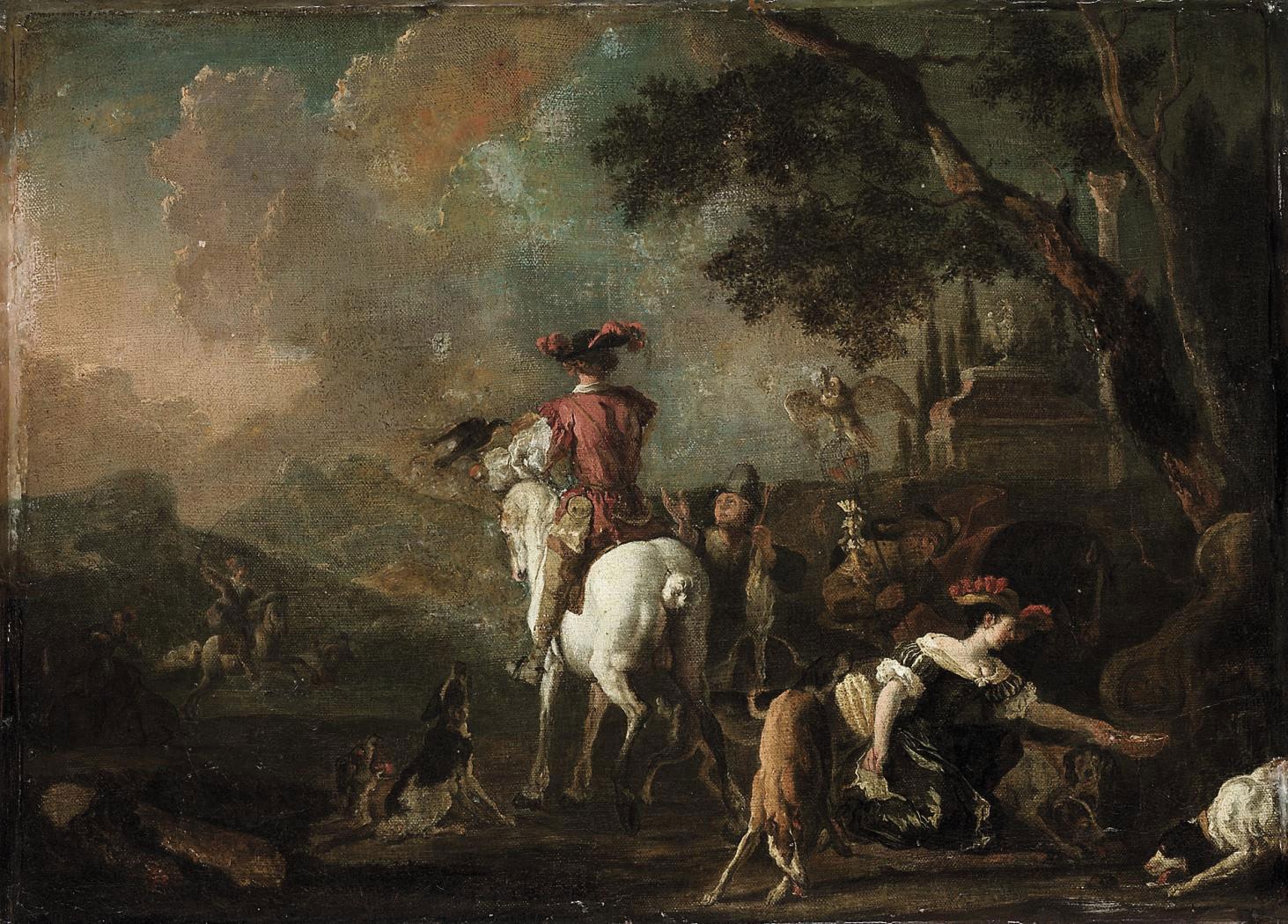 Abraham Hondius (Rotterdam 1625/30-1691 London) A hawking party in a wooded landscape, with an elega