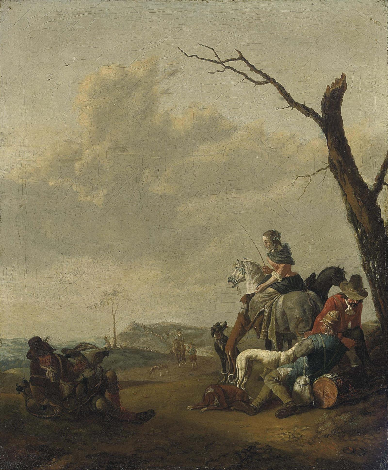  A hawking party at rest on a track by Circle of Johannes Lingelbach (Frankfurt 1622-1674 Amsterdam)