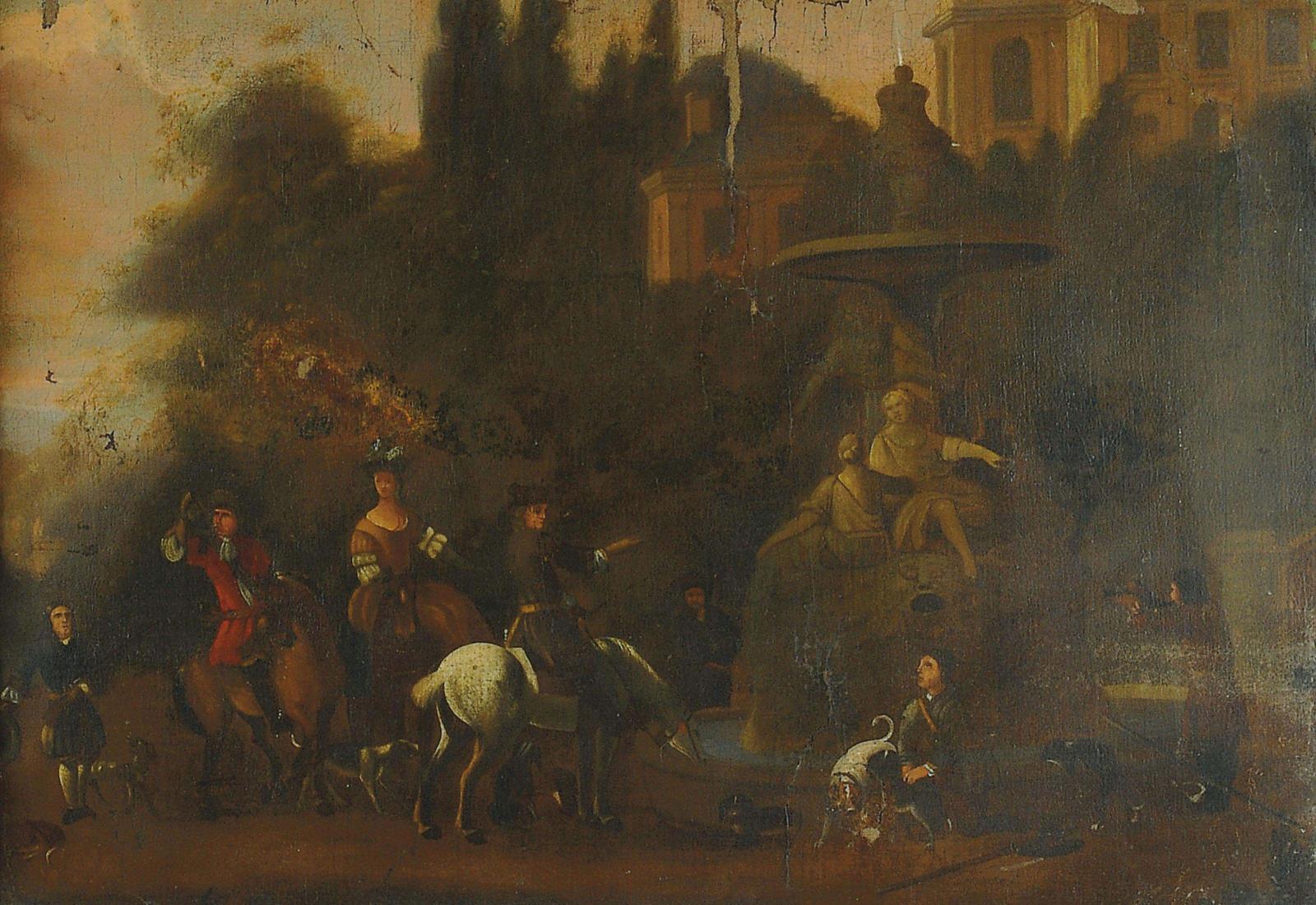  A hawking party at rest before an Italiante fountain - Manner of Dirck Stoop (c.1615-1686)