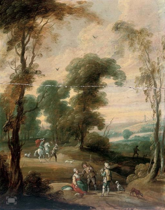 A wooded landscape with a hawking party on a track by circle of Flemish artist Lucas van Uden (18 O