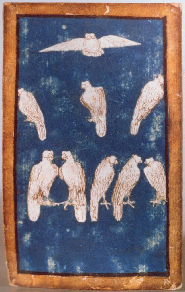 Birds of Prey in flight and on perches, one of a set of playing cards depicting scenes of courtly ha