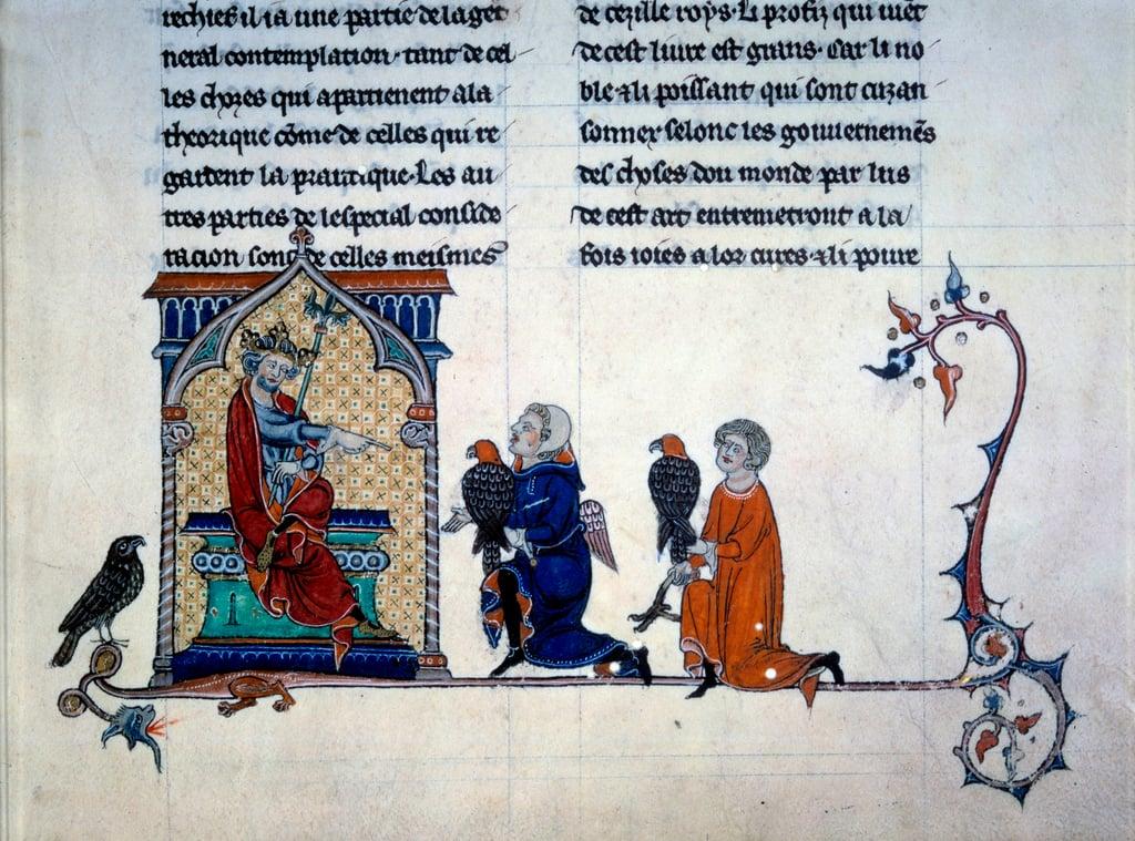 Emperor Frederic II (1194-1250) receiving miniature falconers from “” De arte venandi Cum avibus”” 