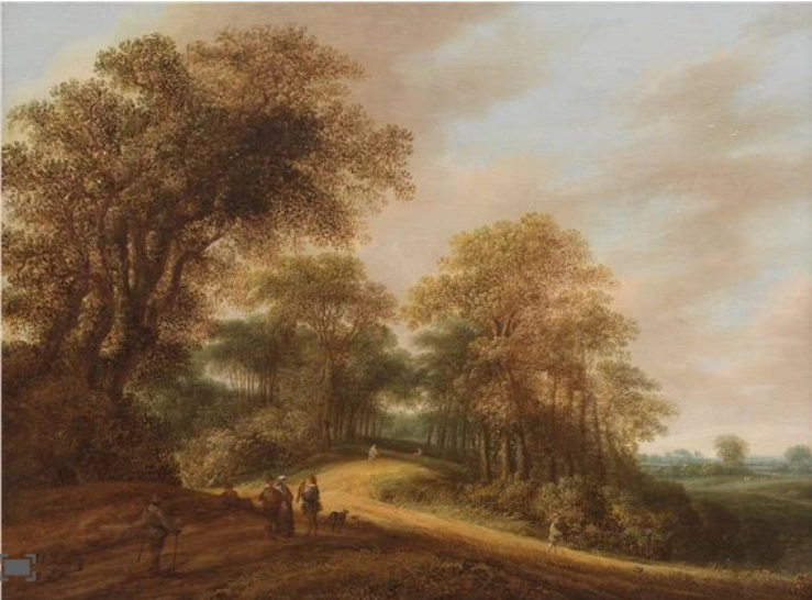 Wooded landscape with travellers and a falconer on a path by Pieter Jansz van Asch (1603-1678)